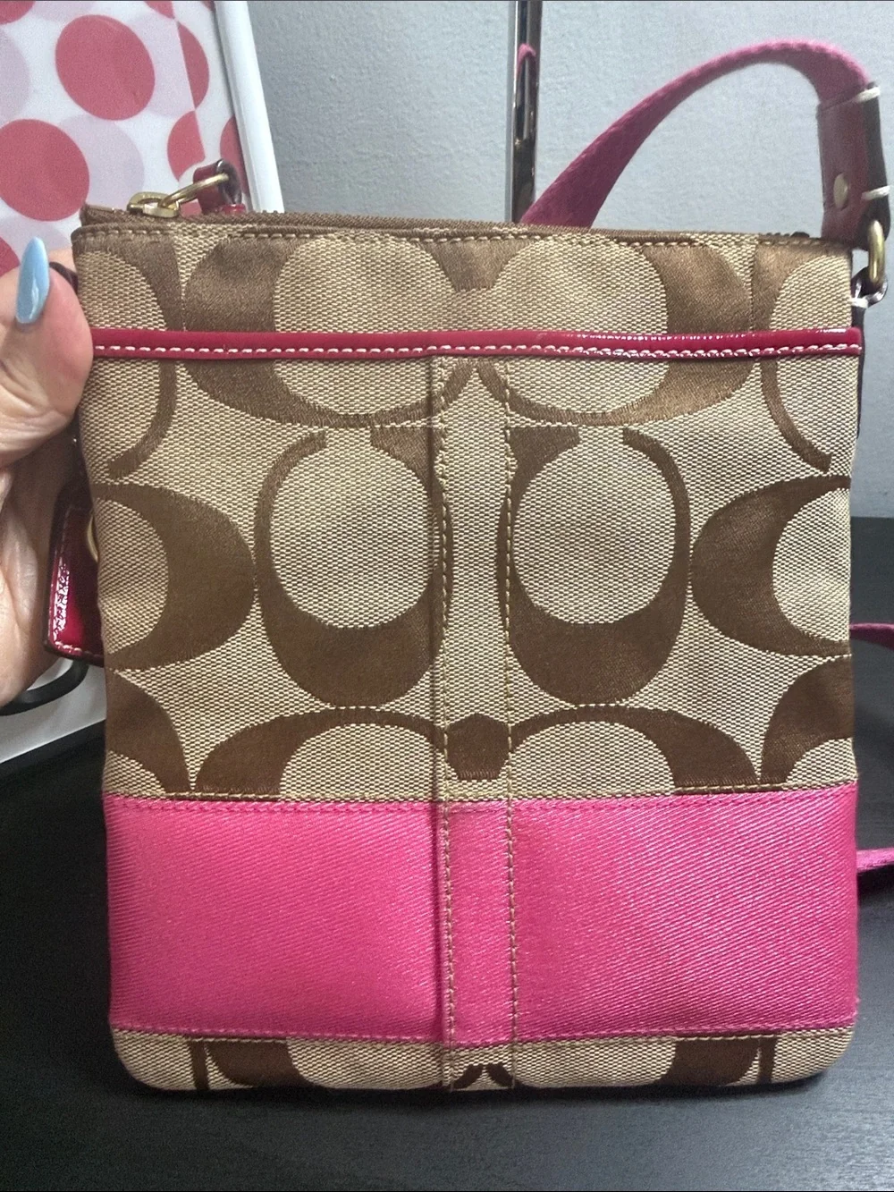 Coach Vintage Signature Stripe Canvas Crossbody with Pink Leather Trim